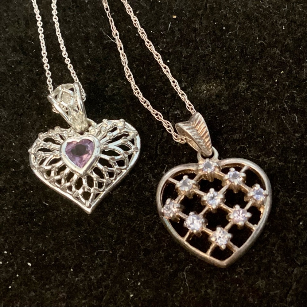Two 20” 925 Chain Silver Heart Pendants Amethyst & Pale Blue Crystal